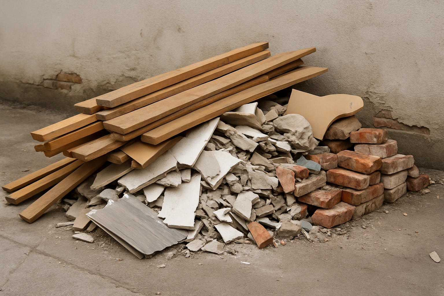 Non-hazardous building waste cleared from a renovation site